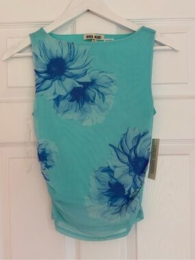 Derek Heart Y2K Aqua Blue Floral Mesh Ruched Tank Top M NWT